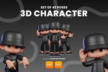 Garçon De Dessin Animé Dans Un Costume Noir Et Un Chapeau Agitant Pack 3D Illustration