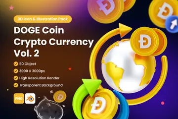 Dogecoin Digital Stablecoin Criptomoeda Vol 2 Pacote de Icon 3D