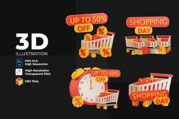 Einkaufs- und Rabattwagen 3D Illustration Pack