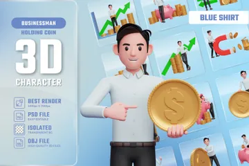 Empresário de camisa azul segurando uma moeda Pacote de Illustration 3D