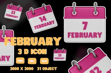 2月のカレンダー 3D Iconパック