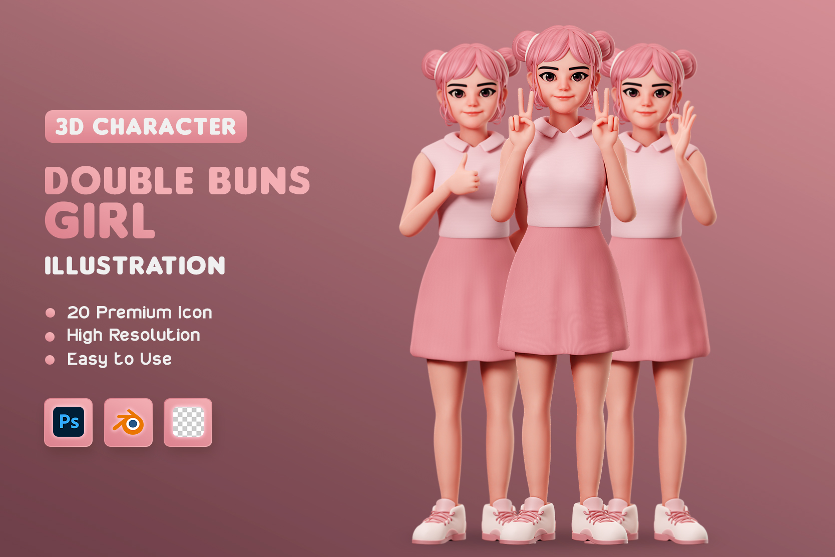 Premium Female Character Double Buns Full Body 3d Illustration Pack From People 3d Illustrations 7846