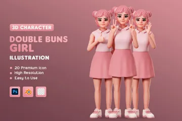 Female Character Double Buns - Full Body 3D Illustration Pack