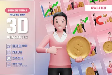 Femme d'affaires en pull tenant une pièce de monnaie Pack 3D Illustration