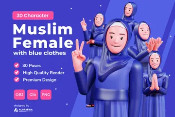 Femme musulmane avec des vêtements bleus Pack 3D Illustration