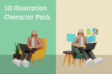 Femme travaillant avec un ordinateur portable Pack 3D Illustration