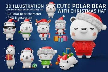 Urso polar fofo com chapéu de Natal Pacote de Illustration 3D