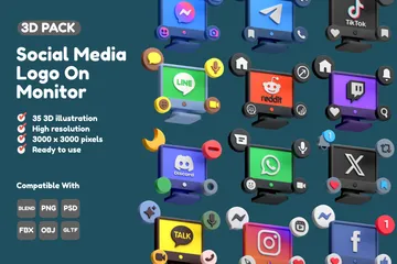 Free Icône des réseaux sociaux sur le moniteur Pack 3D Icon