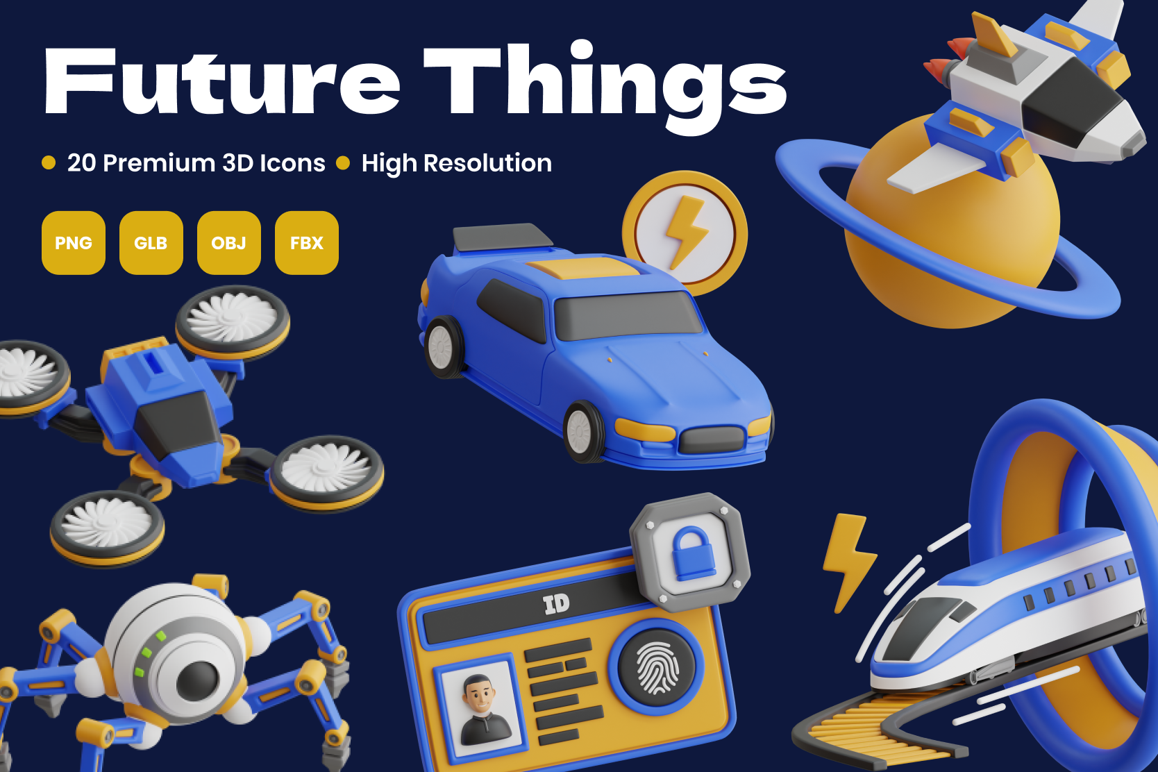20款未来科幻AI人工智能汽车无人机飞船3D图标Icons设计素材合集 Future Things 3D Icon Pack
