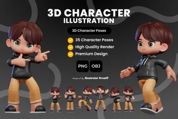 Garçon De Dessin Animé Avec Des Cheveux Bruns Et Une Veste Noire Pack 3D Illustration