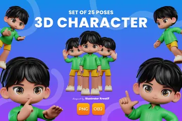 Garçon de dessin animé avec des cheveux noirs et une chemise verte Pack 3D Illustration