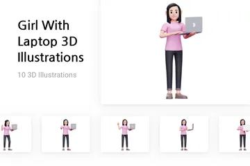 Menina com laptop Pacote de Illustration 3D
