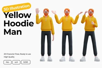 Gelber Hoodie Mann 3D Illustration Pack