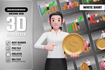 Geschäftsfrau im weißen Hemd schwarzen Rock mit Münze 3D Illustration Pack