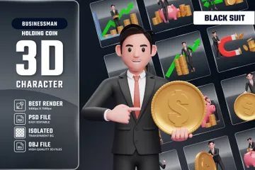 Geschäftsmann im schwarzen Anzug mit Münze 3D Illustration Pack