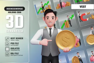 Geschäftsmann in grauer Büroweste mit Münze 3D Illustration Pack