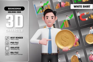 Geschäftsmann im weißen Hemd und in der blauen Krawatte mit Münze 3D Illustration Pack