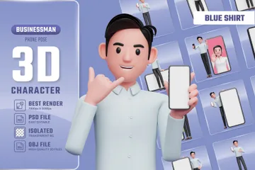 Geschäftsmann mit Smartphone im blauen Hemd 3D Illustration Pack