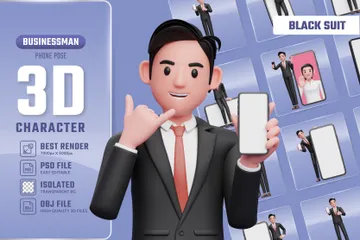 Geschäftsmann mit Smartphone im schwarzen Anzug 3D Illustration Pack