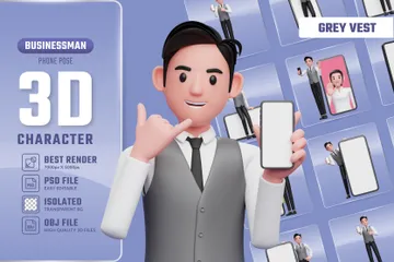Geschäftsmann mit Smartphone in grauer Büroweste 3D Illustration Pack
