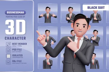 Geschäftsmann zeigt Pose im schwarzen Anzug 3D Illustration Pack