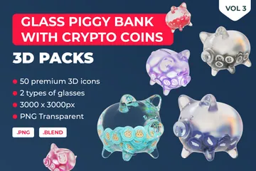Sparschwein aus Glas mit Kryptomünzen, Band 3 3D Icon Pack