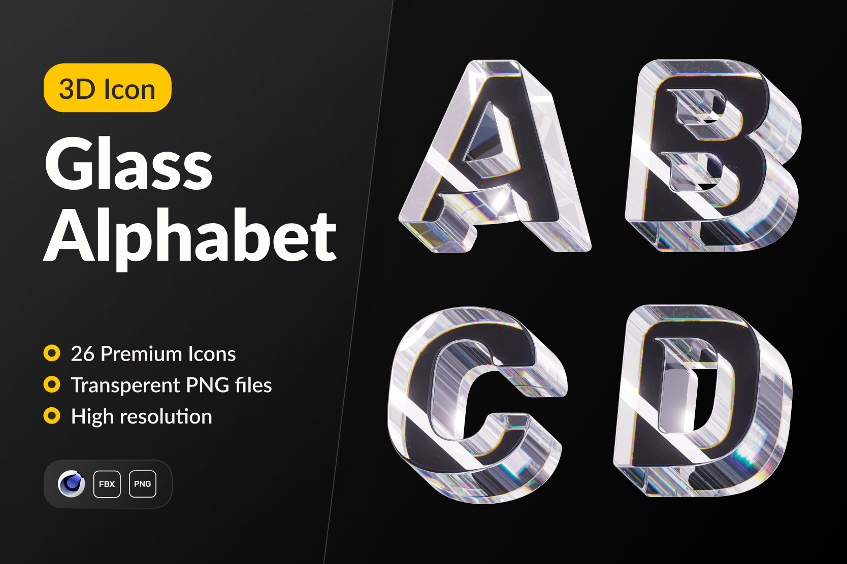 Premium Glass Alphabet 3D Illustration pack from Sign & Symbols 3D 