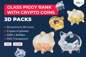 Glass Piggy Bank With Crypto Coins Vol 1 3D Icon Pack