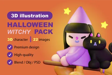 Sorcière et chat d'Halloween Pack 3D Illustration
