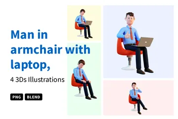 Hombre en sillón con computadora portátil Paquete de Illustration 3D