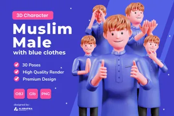 Hombre musulmán con ropa azul Paquete de Illustration 3D