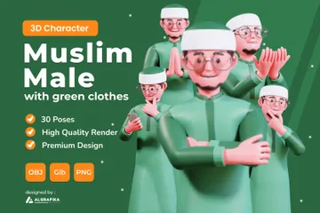 Hombre musulmán con ropa verde Paquete de Illustration 3D