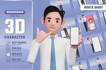 Homme d'affaires avec smartphone en chemise blanche et cravate bleue Pack 3D Illustration