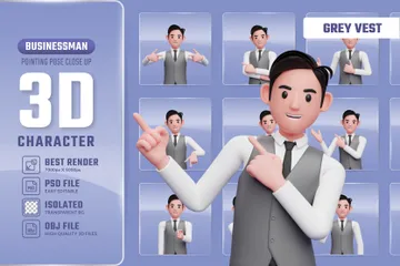 Homme d'affaires pointant la pose en gilet gris Pack 3D Illustration
