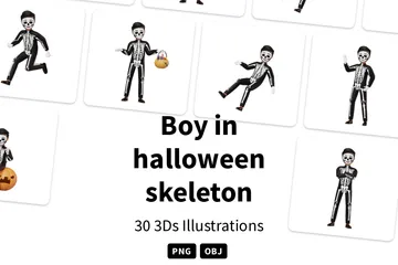 Junge im Halloween-Skelettkostüm 3D Illustration Pack