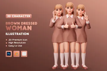 Kawaii Woman Brown Dressed 3D Illustration Pack