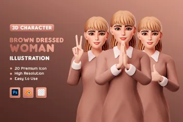 Kawaii Woman Brown Dressed - Half Body 3D Illustration Pack