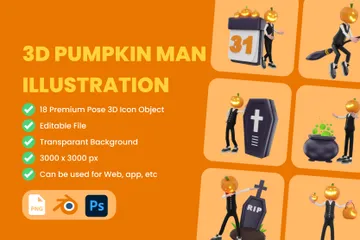 Kürbismann-Halloween-Charakter 3D Illustration Pack