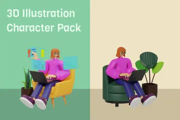 Spielen Sie mit dem Laptop auf dem Sofa 3D Illustration Pack