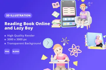 Lendo livro on-line e menino preguiçoso Pacote de Illustration 3D