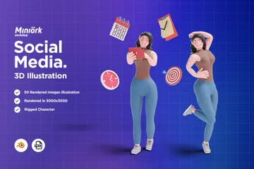 Langhaariges Mädchen mit sozialen Medien 3D Illustration Pack