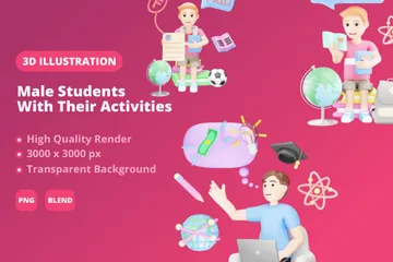 Male Students With Their Activities 3D Illustration Pack