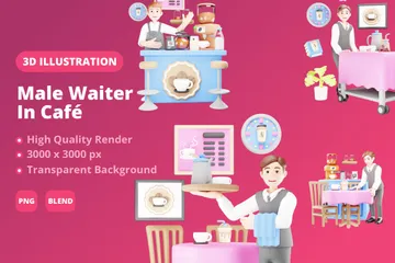 Male Waiter In Cafe 3D Illustration Pack