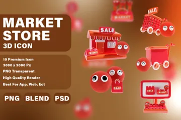 Market Store In Red Theme 3D Icon Pack
