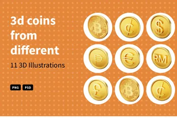 Monedas de diferentes países Paquete de Illustration 3D