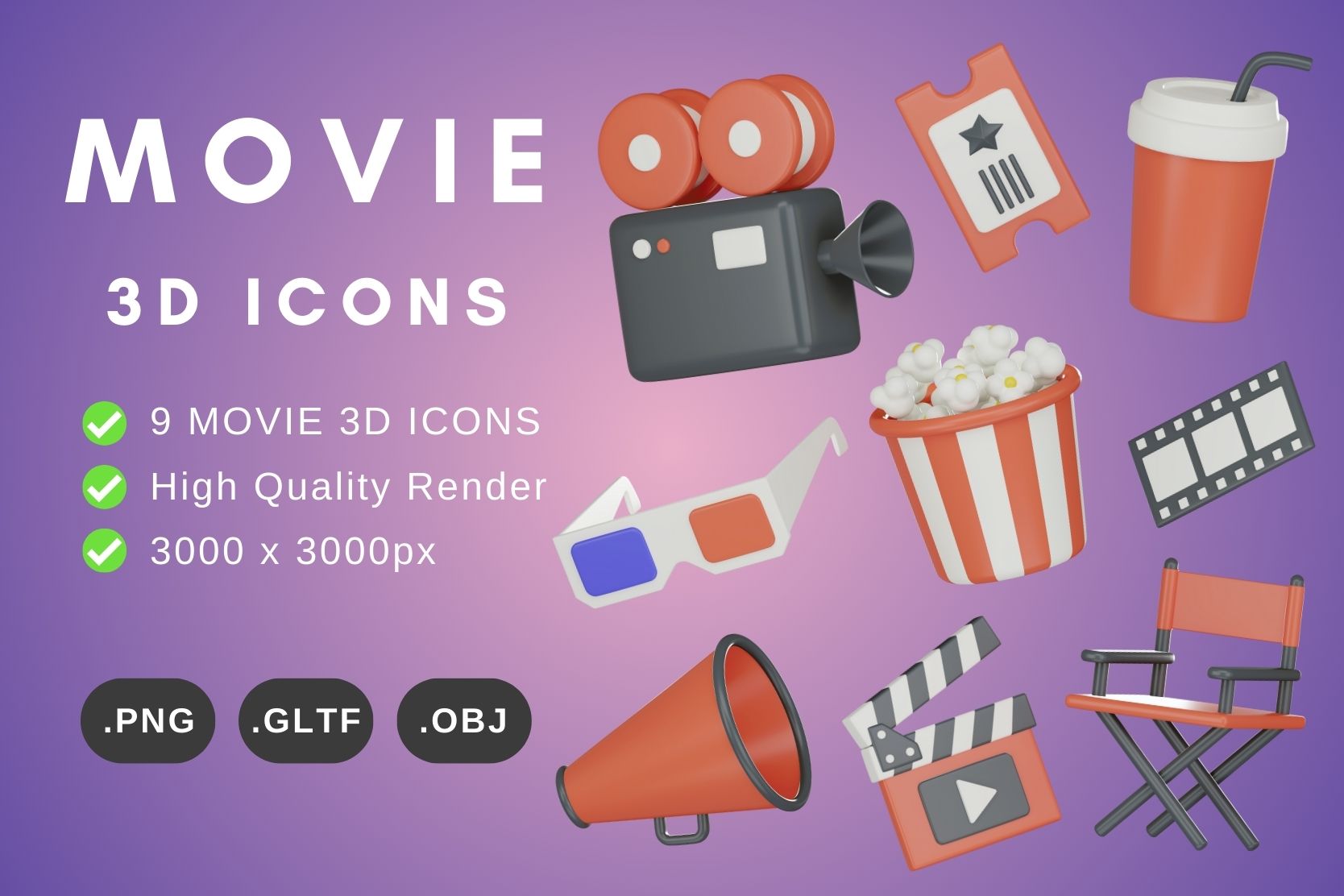 Premium Movie 3D Illustration pack from Entertainment 3D Illustrations