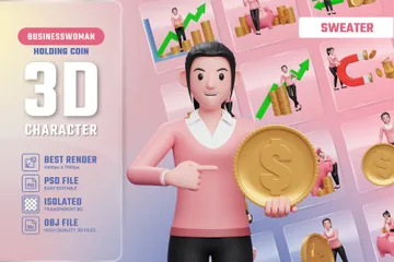 Mujer de negocios en suéter sosteniendo moneda Paquete de Illustration 3D