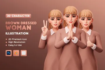 Mulher Kawaii Vestido Marrom - Meio Corpo Pacote de Illustration 3D