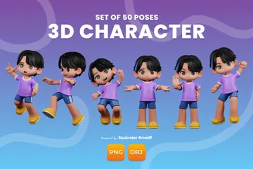 Niño Con Camisa Morada Y Pantalones Cortos Azules Con Zapatos Amarillos Paquete de Illustration 3D