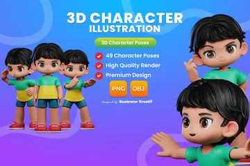 Niño de dibujos animados con cabello negro y camisa verde Paquete de Illustration 3D